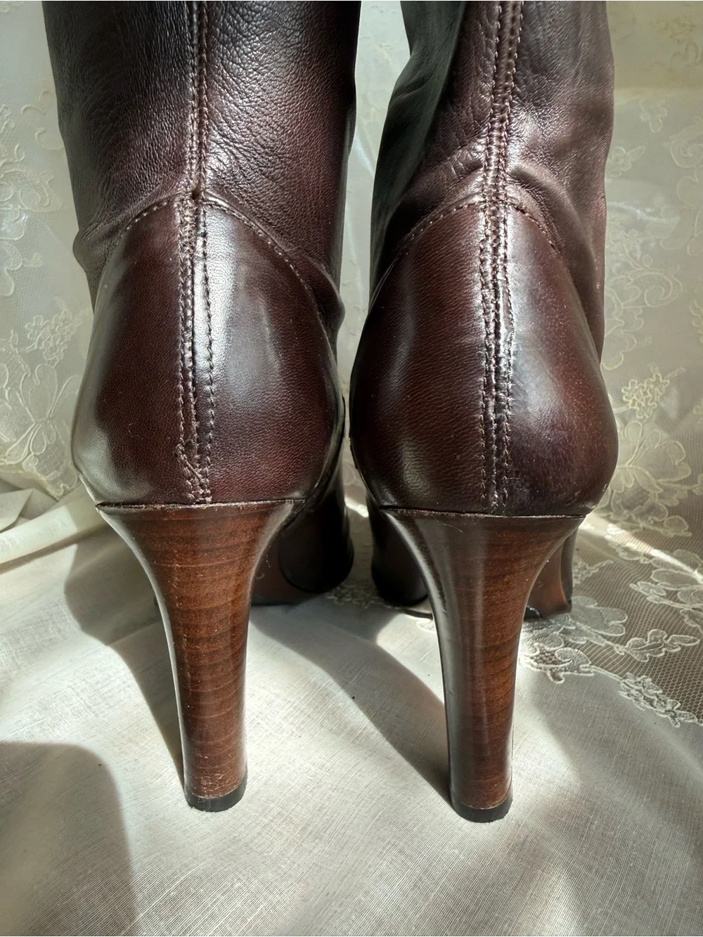Cole Haan Dark Brown Leather Knee Heeled Boots with Stretch Panel At Calf